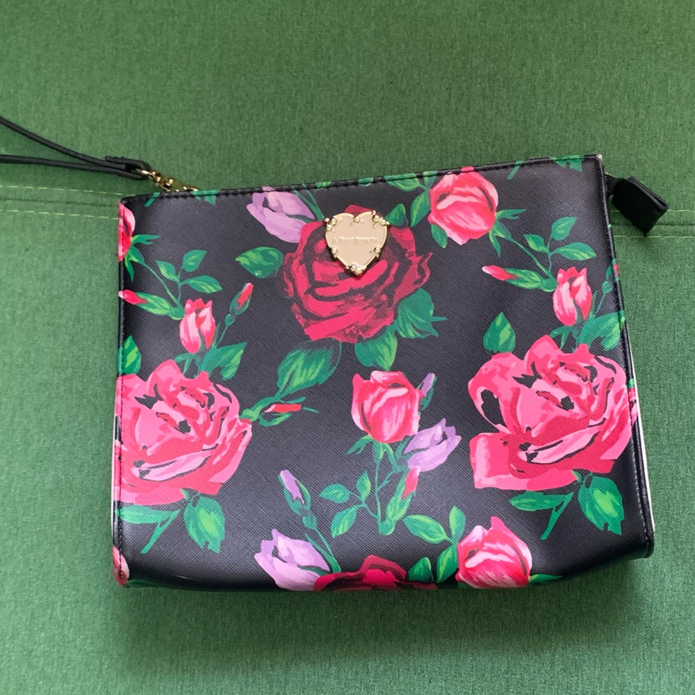 Betsey Johnson Floral Print Wristlet Clutch Pouch - Black with Pink Roses